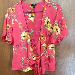 Express Women's Floral Tie-Front Blouse - Red and Yellow